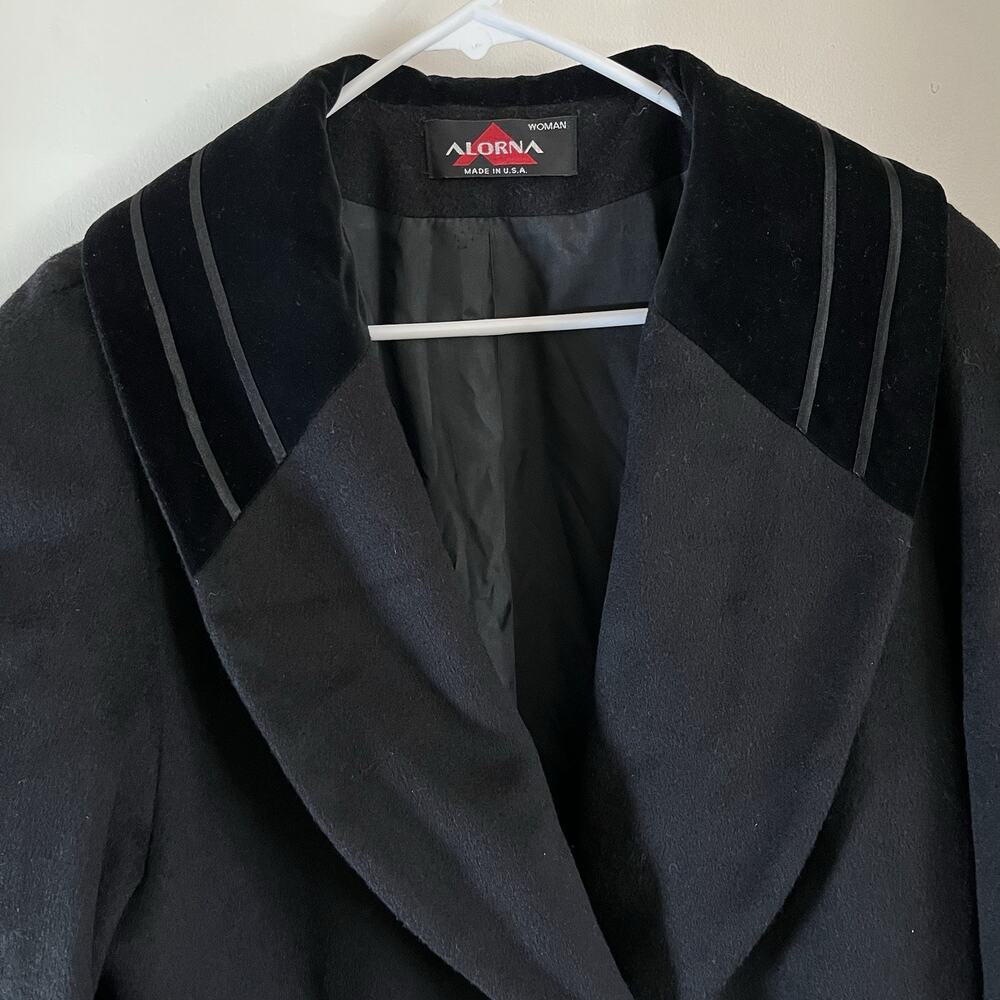 Alorna Wool Blend Double Breasted Longline Trench Coat VTG Black Velvet Collar - Picture 4 of 13